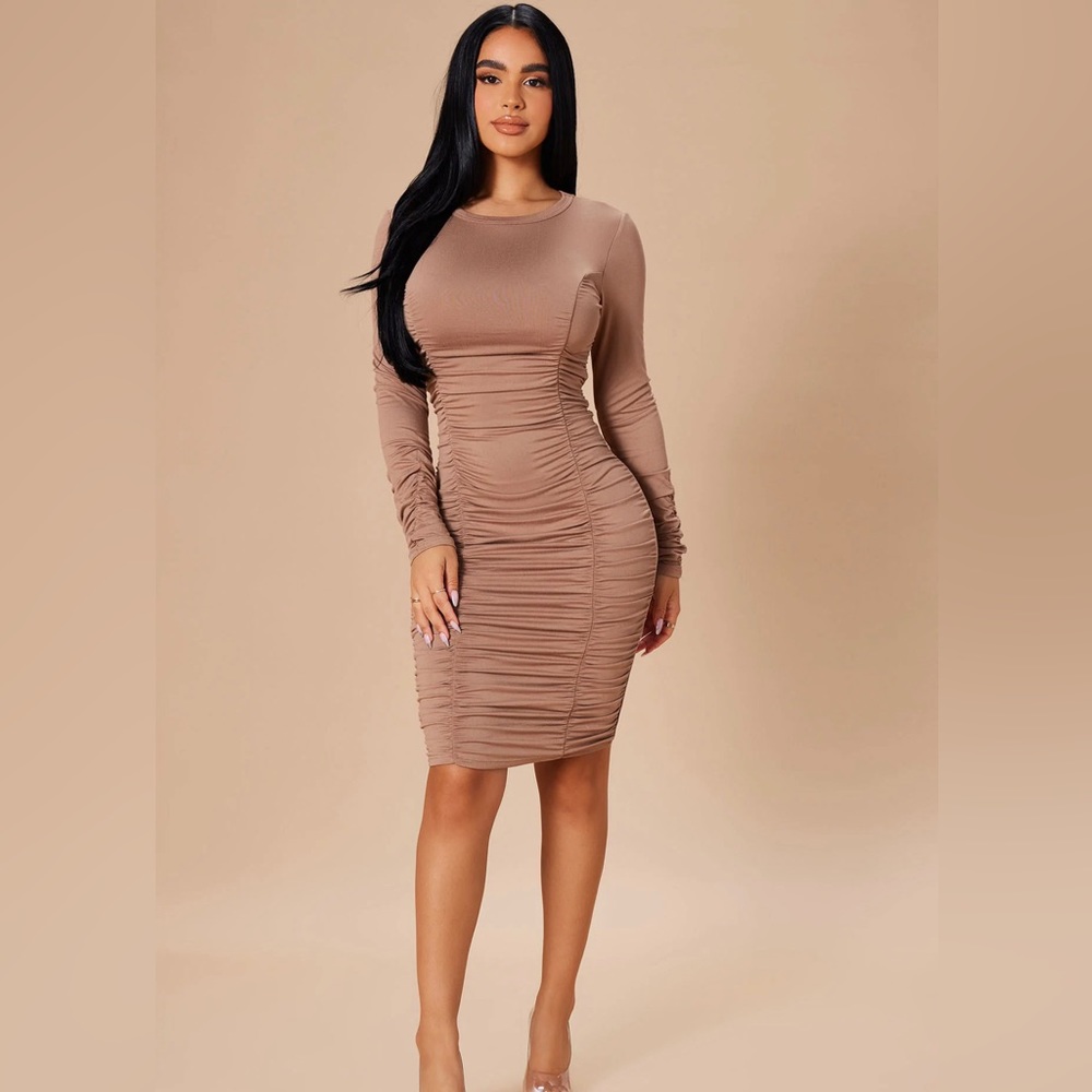 Ruched Tan midi Dress